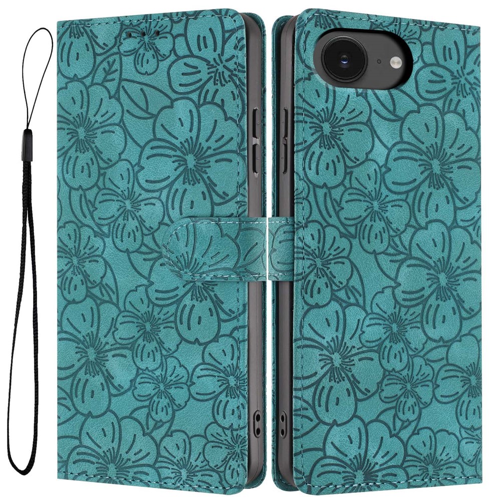 For iPhone 16e Flip Case Cherry Blossom Pattern Leather Wallet Stand Phone Cover with Wrist Strap - Green