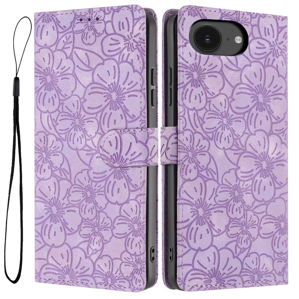 For iPhone 16e Flip Case Cherry Blossom Pattern Leather Wallet Stand Phone Cover with Wrist Strap - Purple