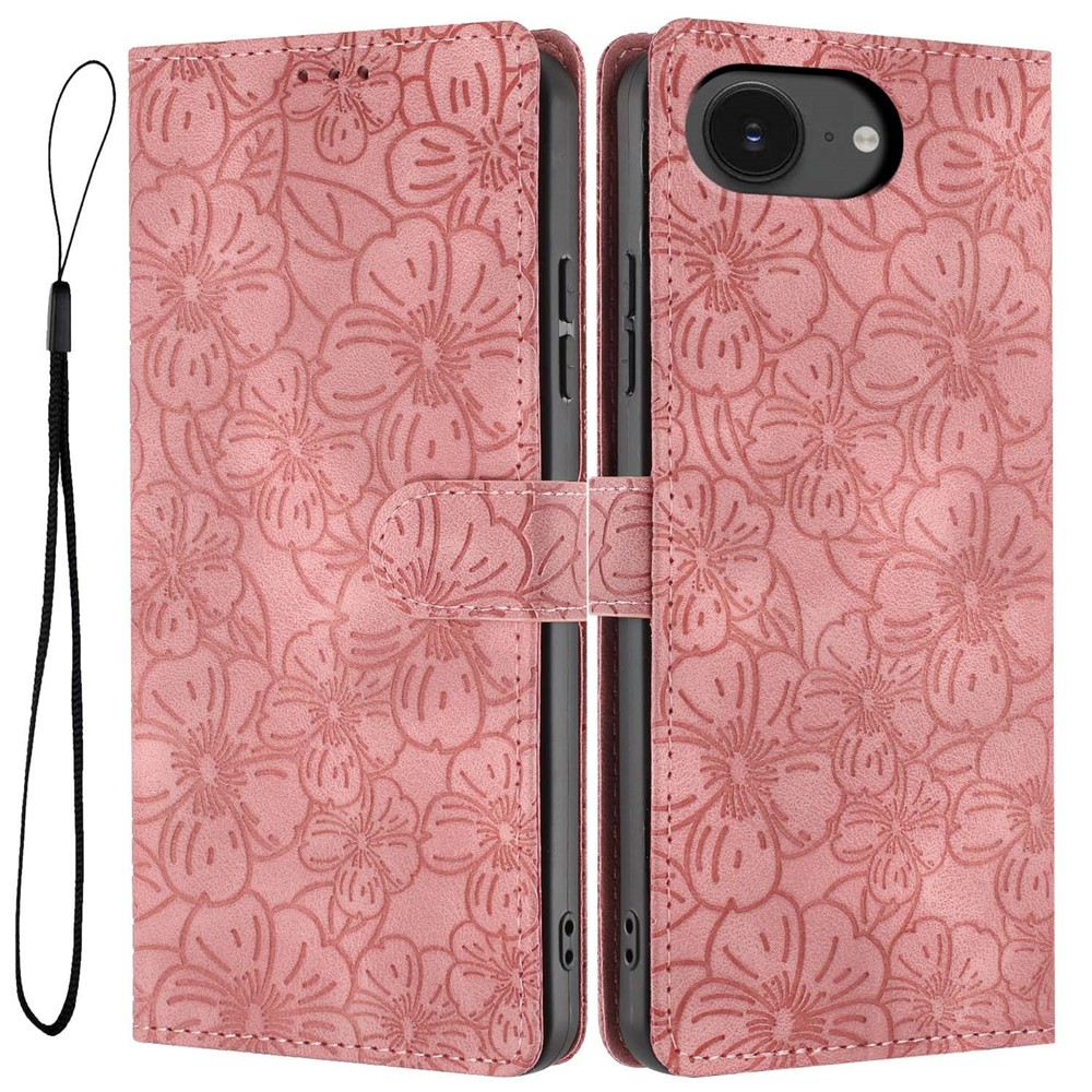 For iPhone 16e Flip Case Cherry Blossom Pattern Leather Wallet Stand Phone Cover with Wrist Strap - Pink