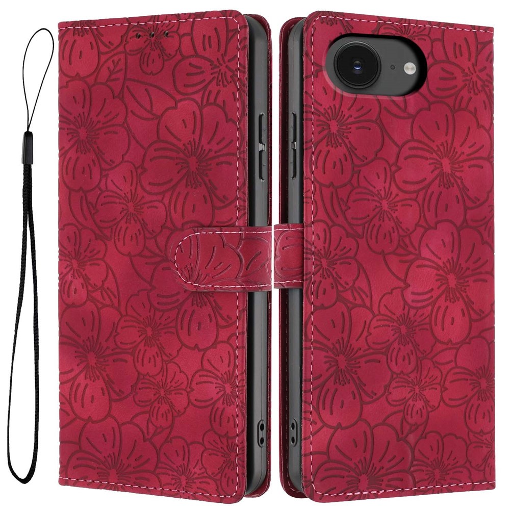 For iPhone 16e Flip Case Cherry Blossom Pattern Leather Wallet Stand Phone Cover with Wrist Strap - Wine Red