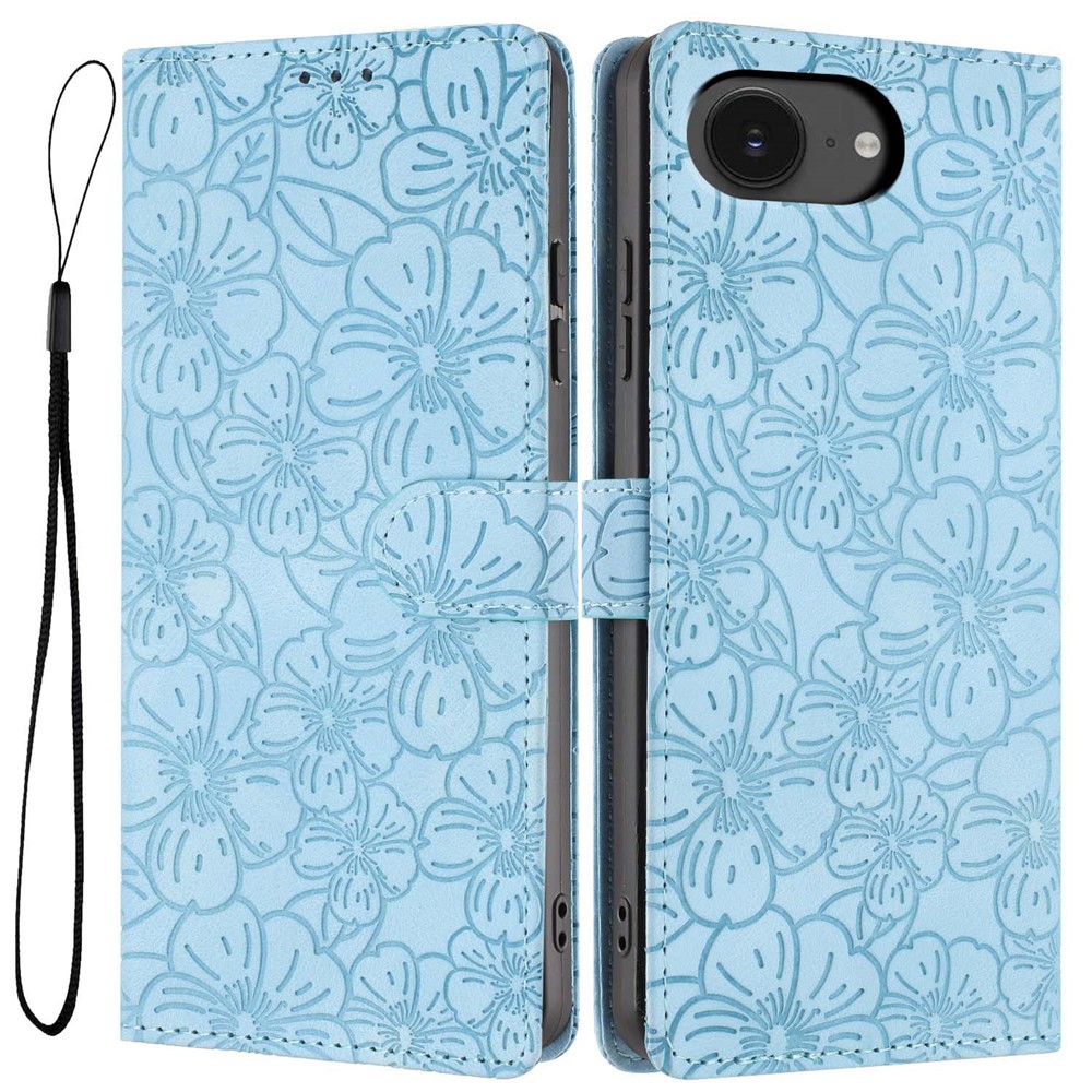 For iPhone 16e Flip Case Cherry Blossom Pattern Leather Wallet Stand Phone Cover with Wrist Strap - Sky Blue