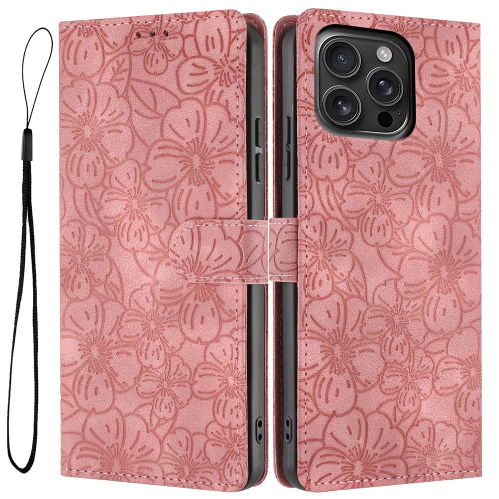 For iPhone 16 Pro Max Flip Case Cherry Blossom Pattern Leather Wallet Stand Phone Cover with Wrist Strap - Pink