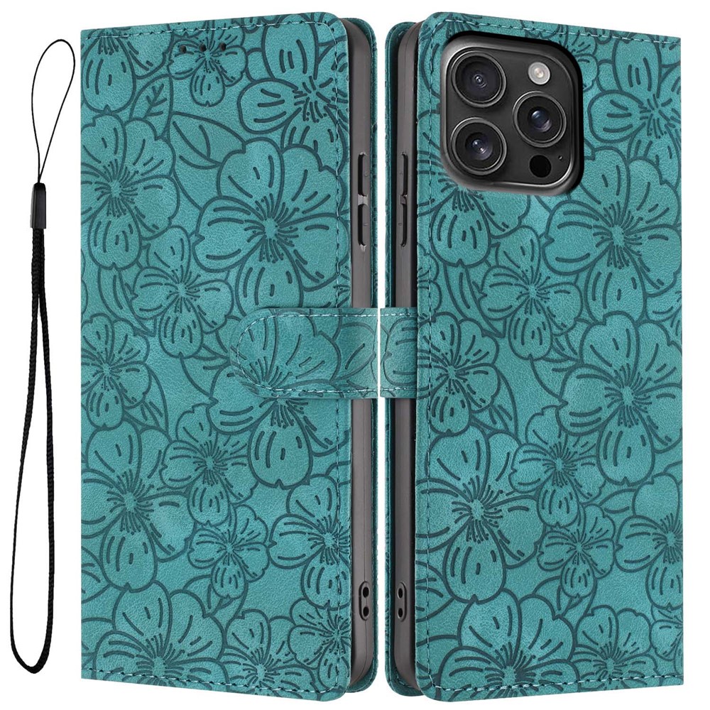 For iPhone 16 Pro Max Flip Case Cherry Blossom Pattern Leather Wallet Stand Phone Cover with Wrist Strap - Green