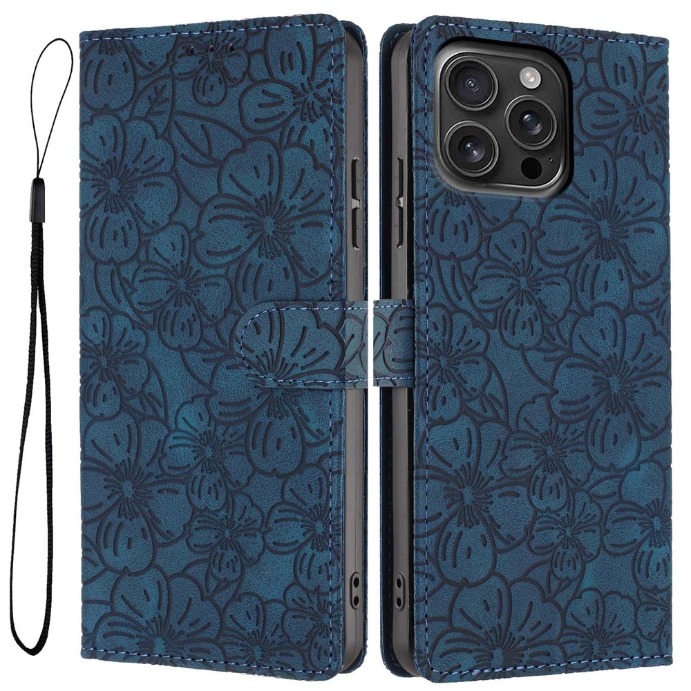 For iPhone 16 Pro Max Flip Case Cherry Blossom Pattern Leather Wallet Stand Phone Cover with Wrist Strap - Blue