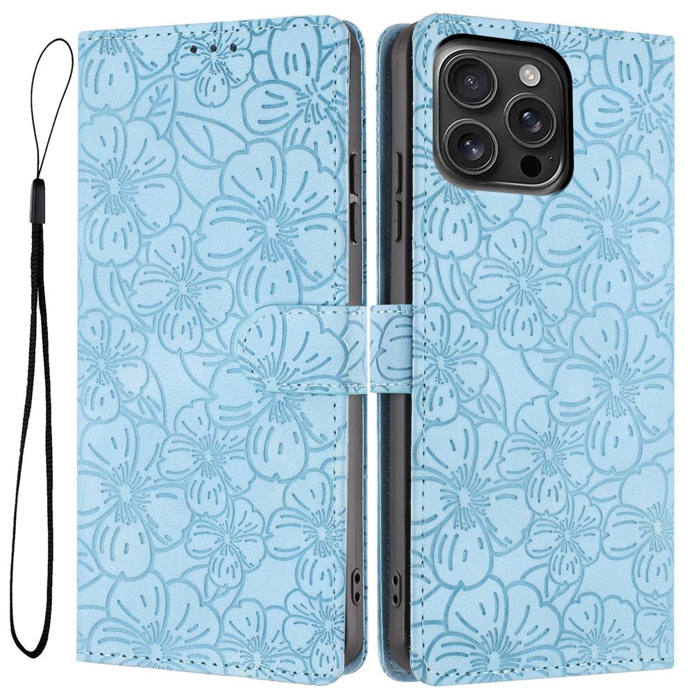 For iPhone 16 Pro Flip Case Cherry Blossom Pattern Leather Wallet Stand Phone Cover with Wrist Strap - Sky Blue