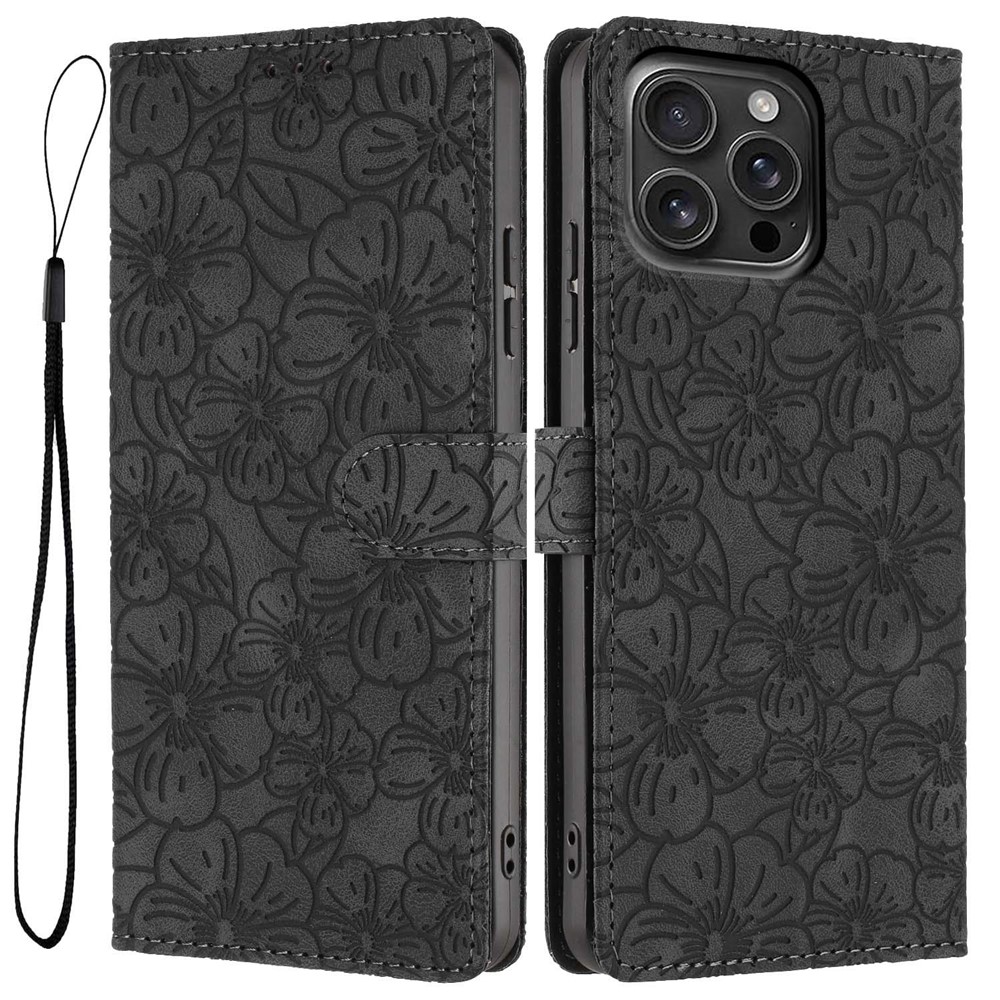 For iPhone 16 Pro Flip Case Cherry Blossom Pattern Leather Wallet Stand Phone Cover with Wrist Strap - Black
