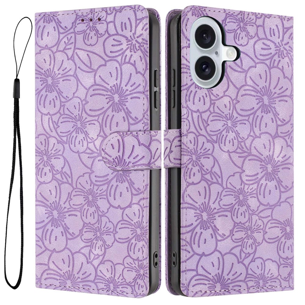 For iPhone 16 Flip Case Cherry Blossom Pattern Leather Wallet Stand Phone Cover with Wrist Strap - Purple