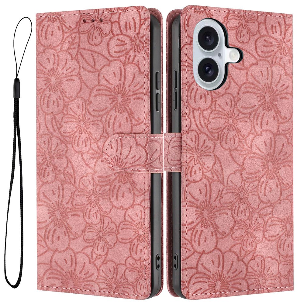 For iPhone 16 Flip Case Cherry Blossom Pattern Leather Wallet Stand Phone Cover with Wrist Strap - Pink