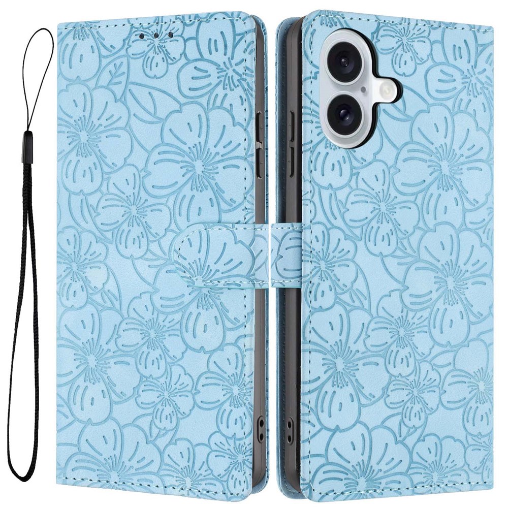 For iPhone 16 Flip Case Cherry Blossom Pattern Leather Wallet Stand Phone Cover with Wrist Strap - Sky Blue