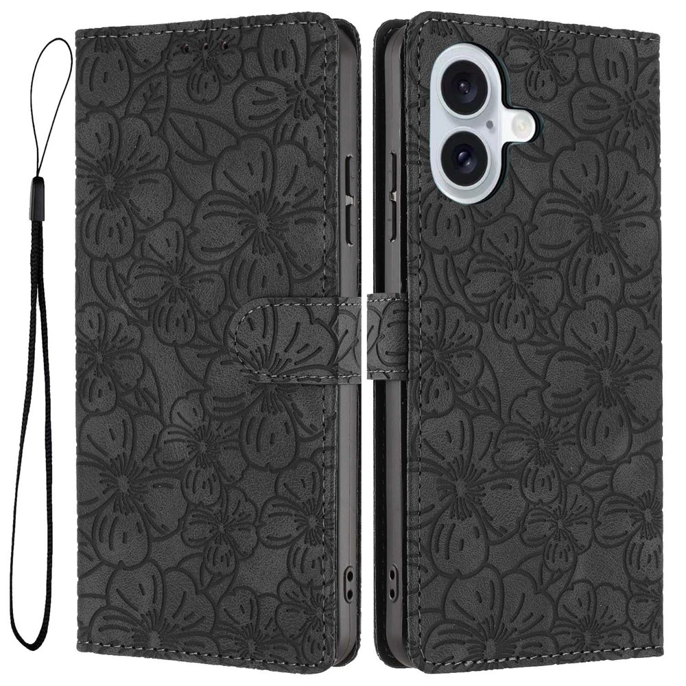 For iPhone 16 Flip Case Cherry Blossom Pattern Leather Wallet Stand Phone Cover with Wrist Strap - Black