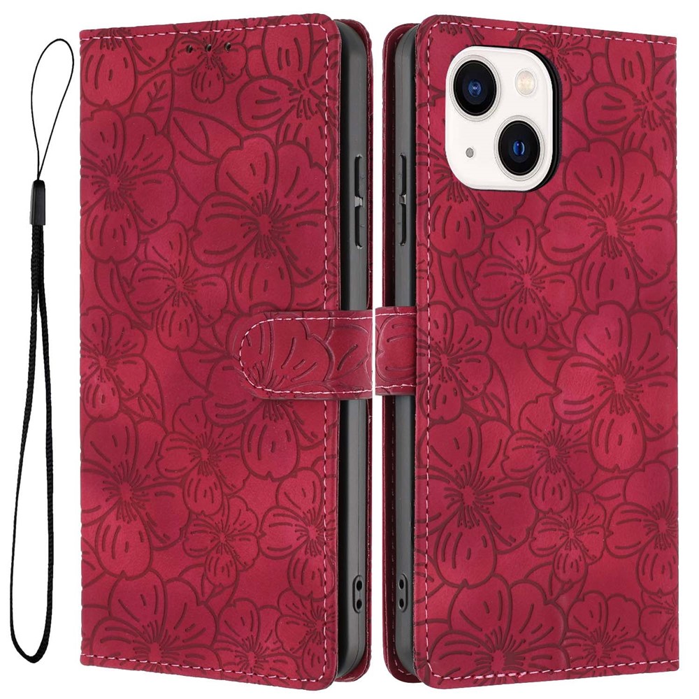 For iPhone 15 Flip Case Cherry Blossom Pattern Leather Wallet Stand Phone Cover with Wrist Strap - Wine Red