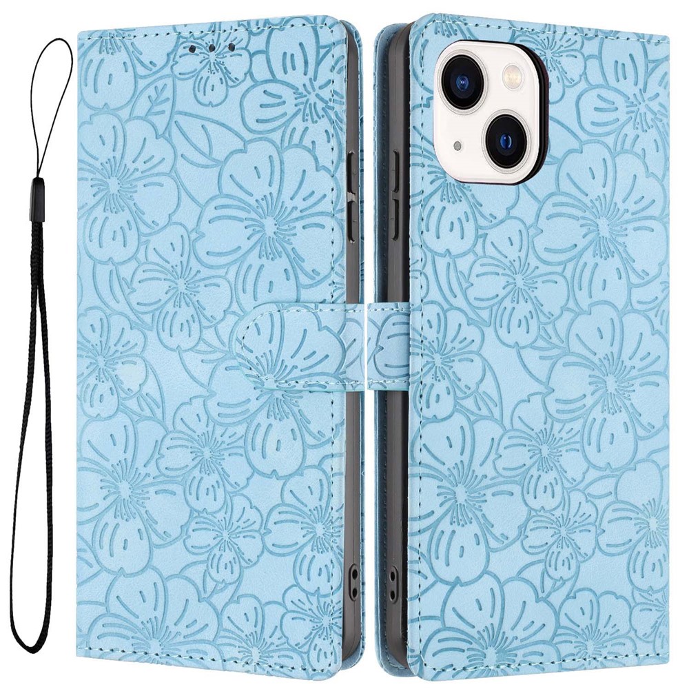 For iPhone 15 Flip Case Cherry Blossom Pattern Leather Wallet Stand Phone Cover with Wrist Strap - Sky Blue