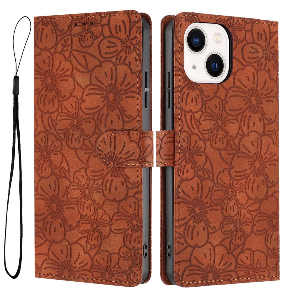 For iPhone 15 Flip Case Cherry Blossom Pattern Leather Wallet Stand Phone Cover with Wrist Strap - Brown