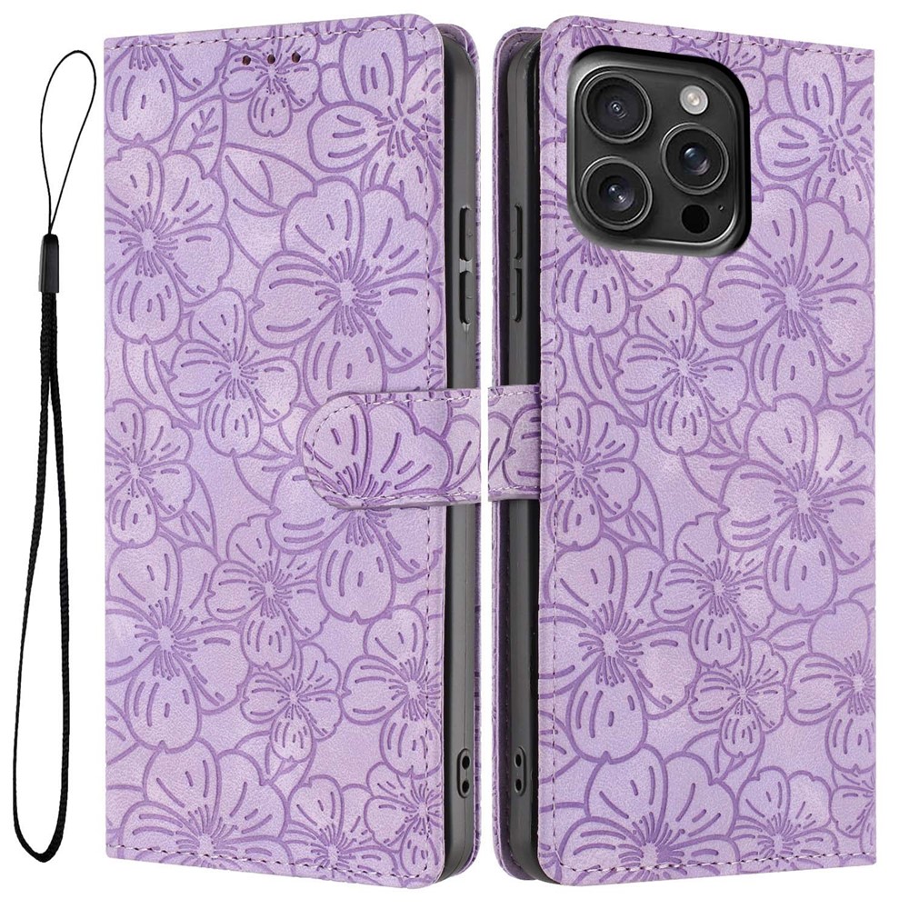 For Phone 15 Pro Max Flip Case Cherry Blossom Pattern Leather Wallet Stand Phone Cover with Wrist Strap - Purple