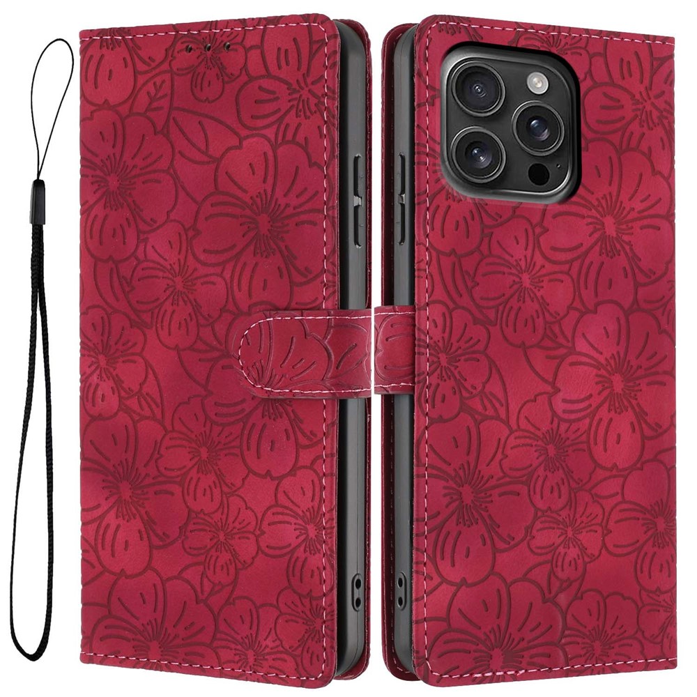 For iPhone 15 Pro Flip Case Cherry Blossom Pattern Leather Wallet Stand Phone Cover with Wrist Strap - Wine Red