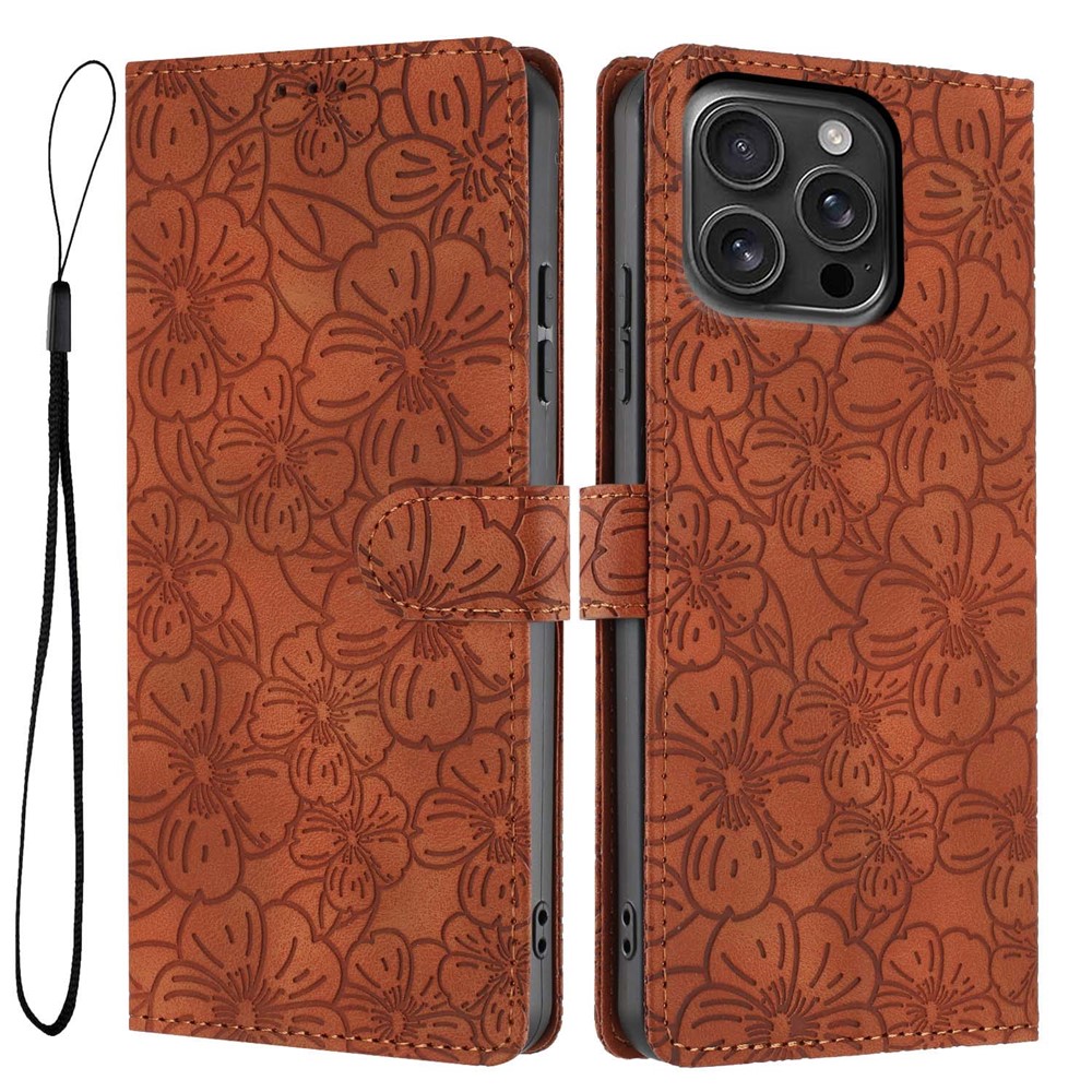 For iPhone 15 Pro Flip Case Cherry Blossom Pattern Leather Wallet Stand Phone Cover with Wrist Strap - Brown