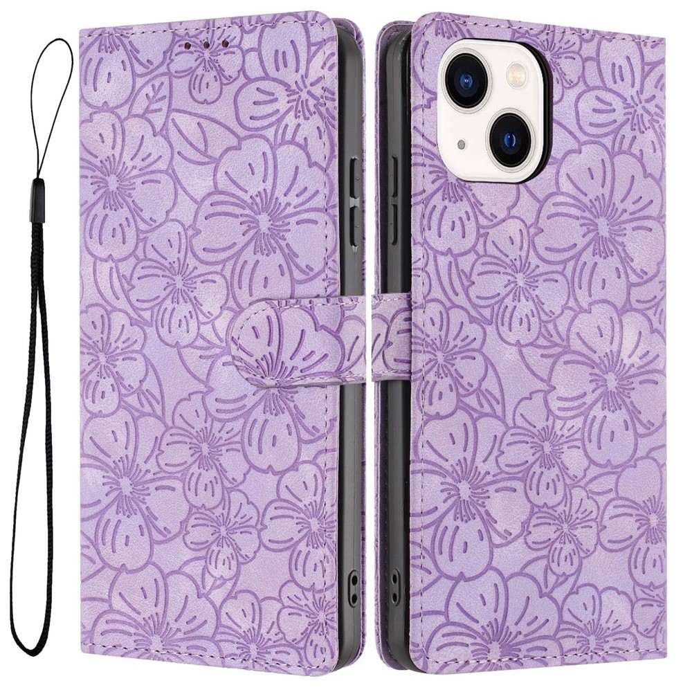 For iPhone 14  /  13 Flip Case Cherry Blossom Pattern Leather Wallet Stand Phone Cover with Wrist Strap - Purple