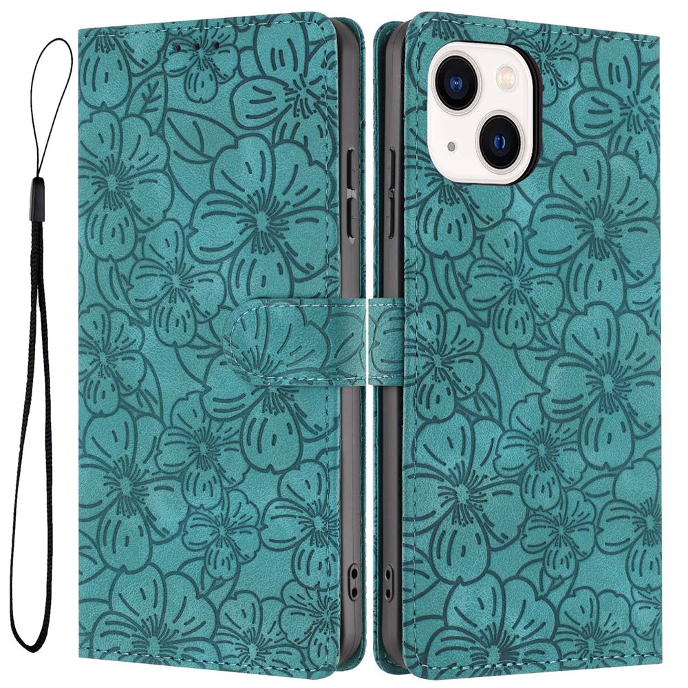 For iPhone 14  /  13 Flip Case Cherry Blossom Pattern Leather Wallet Stand Phone Cover with Wrist Strap - Green