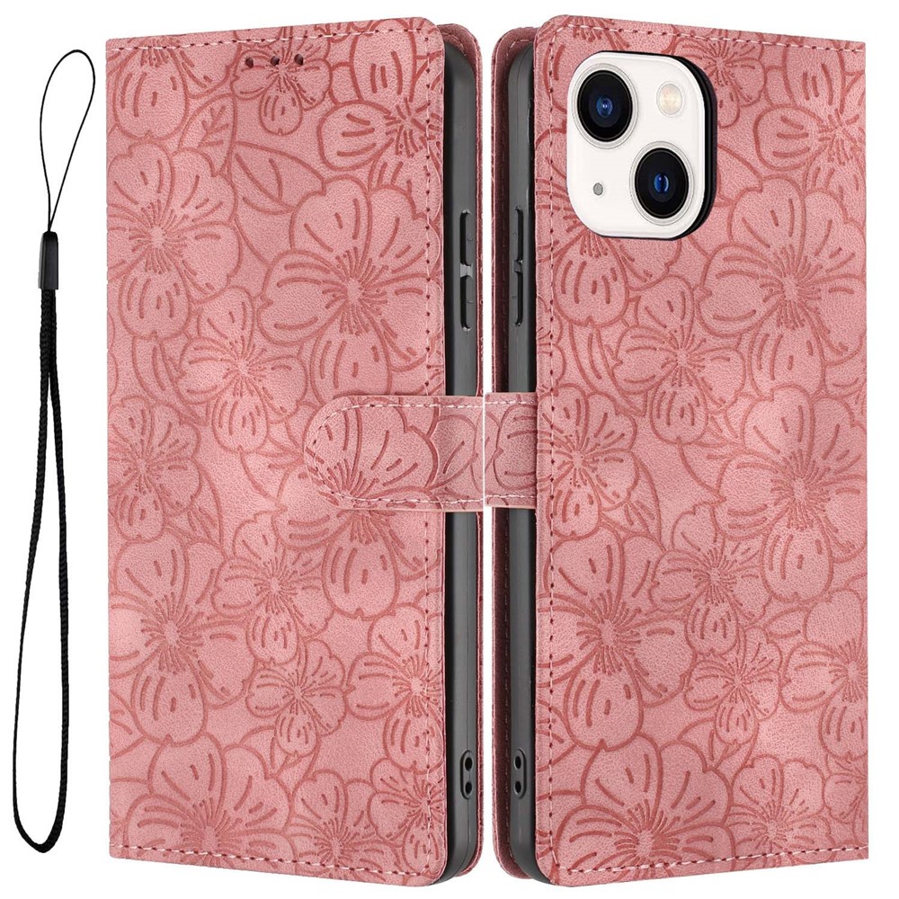 For iPhone 14  /  13 Flip Case Cherry Blossom Pattern Leather Wallet Stand Phone Cover with Wrist Strap - Pink