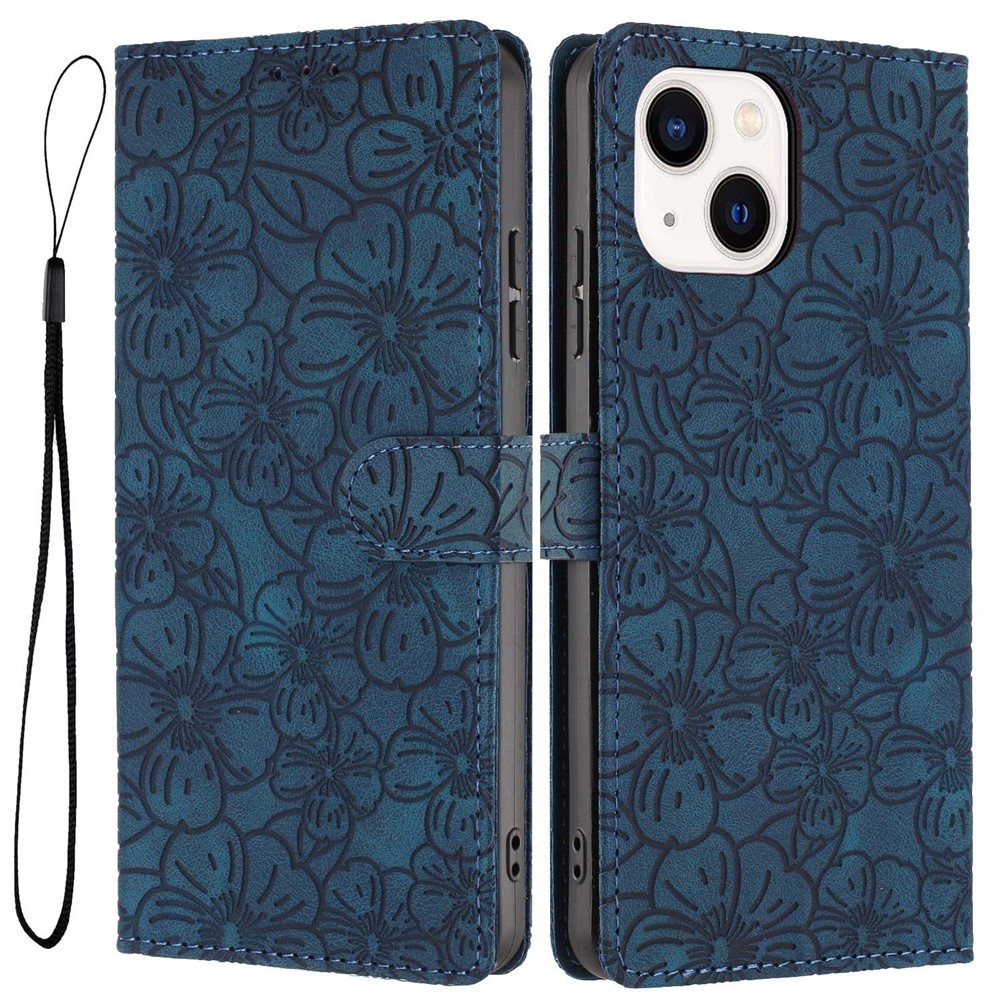 For iPhone 14 / 13 Flip Case Cherry Blossom Pattern Leather Wallet Stand Phone Cover with Wrist Strap - Blue
