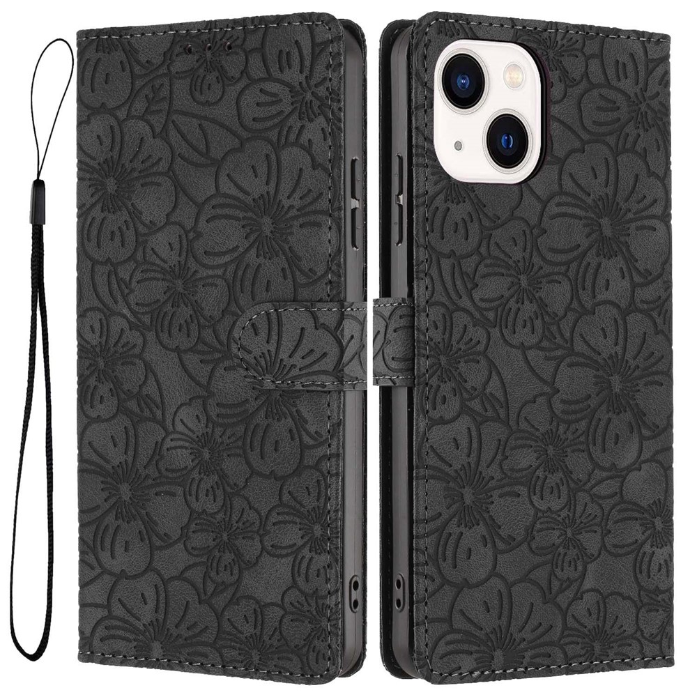 For iPhone 14 / 13 Flip Case Cherry Blossom Pattern Leather Wallet Stand Phone Cover with Wrist Strap - Black