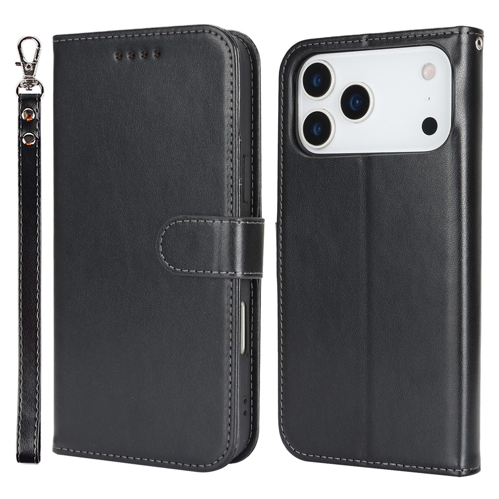 For iPhone 17 Pro Case R61 Texture Wallet Leather Flip Phone Cover with Wrist Strap - Black