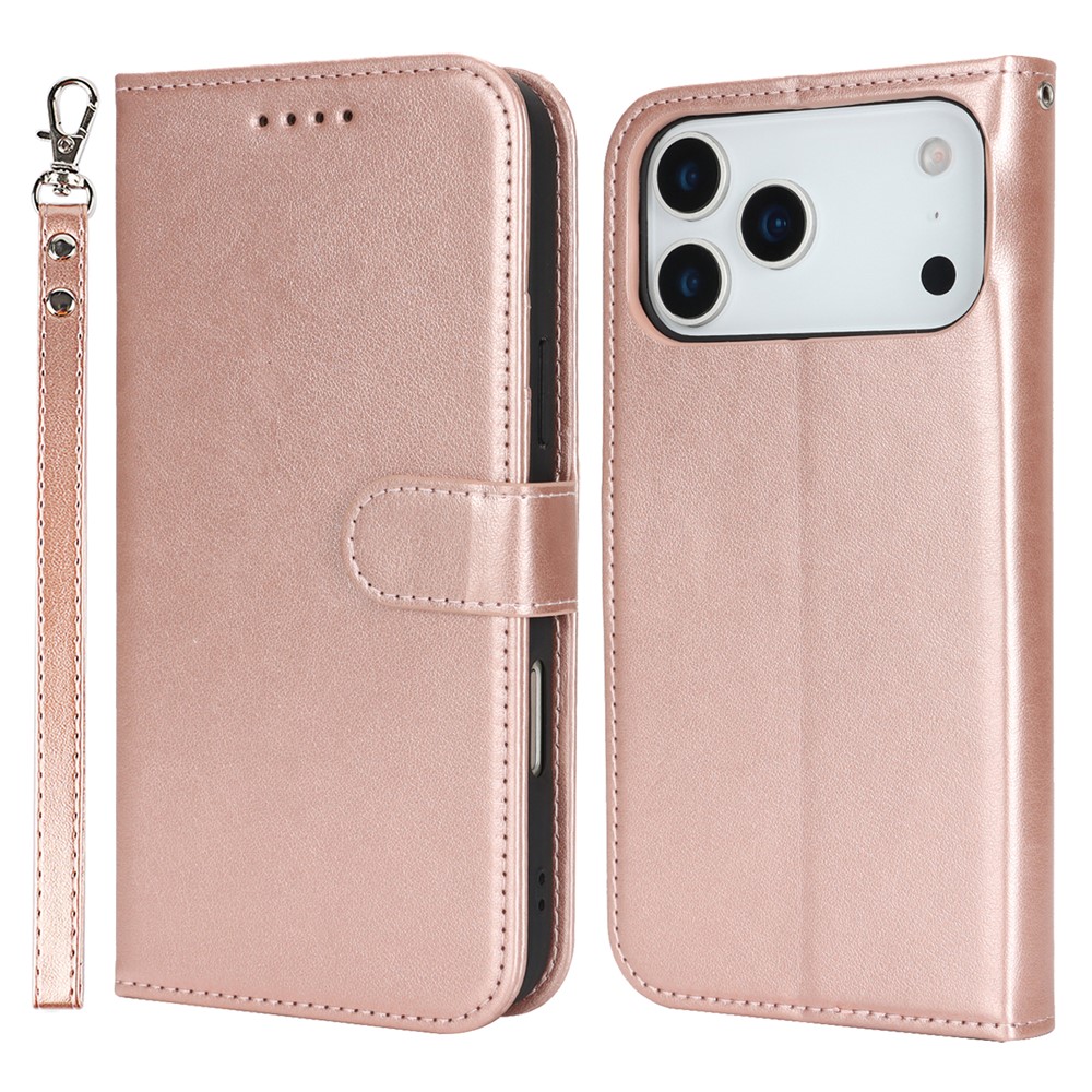 For iPhone 17 Pro Case R61 Texture Wallet Leather Flip Phone Cover with Wrist Strap - Rose Gold