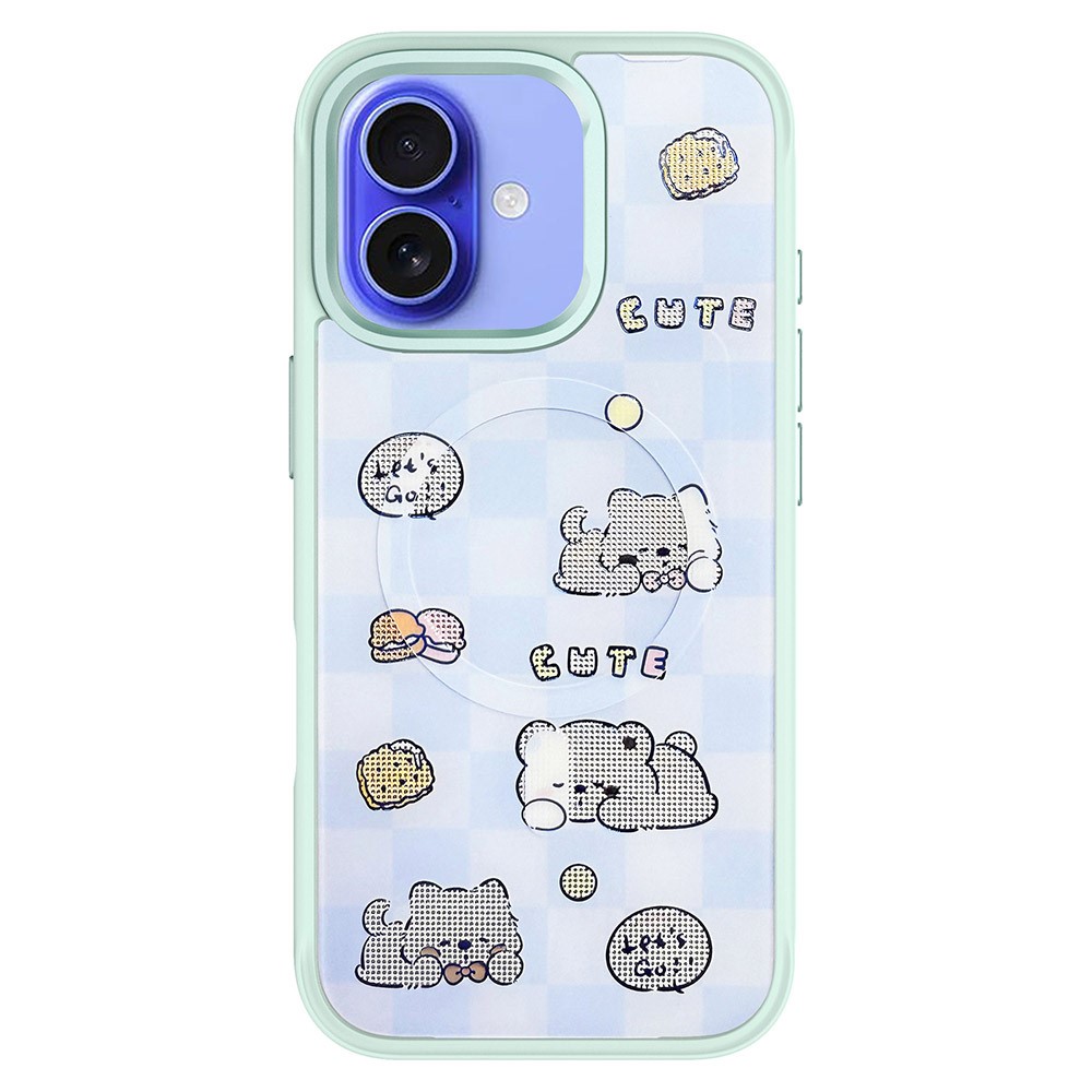 For iPhone 16 Magnetic Case TPU PC Phone Cover with Detachable Cookie Bear Blue Backplate - Green