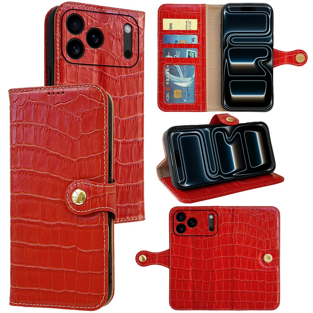 For iPhone 17 Pro Max Case Crocodile Texture Genuine Cow Leather Wallet Phone Cover - Red