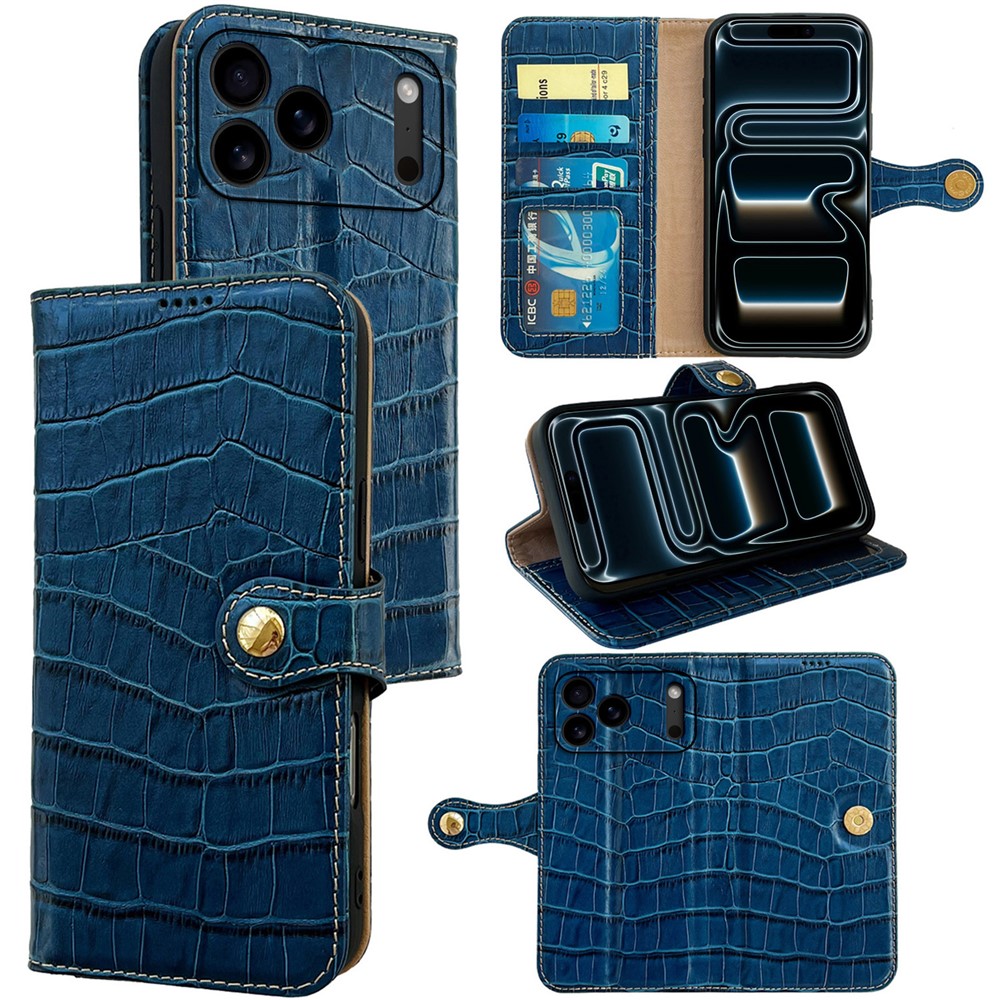 For iPhone 17 Pro Max Case Crocodile Texture Genuine Cow Leather Wallet Phone Cover - Blue