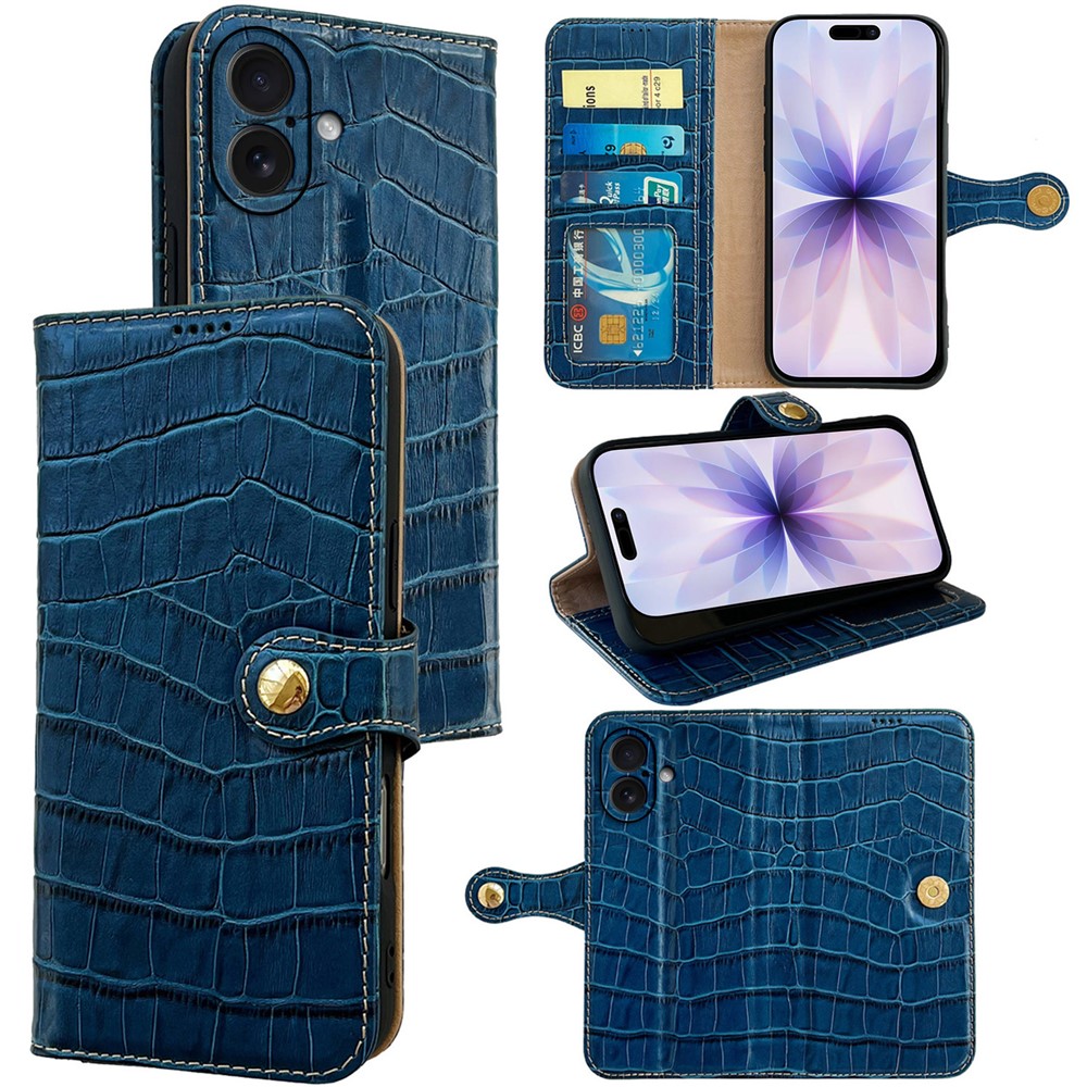 For iPhone 17 Case Crocodile Texture Genuine Cow Leather Wallet Phone Cover - Blue