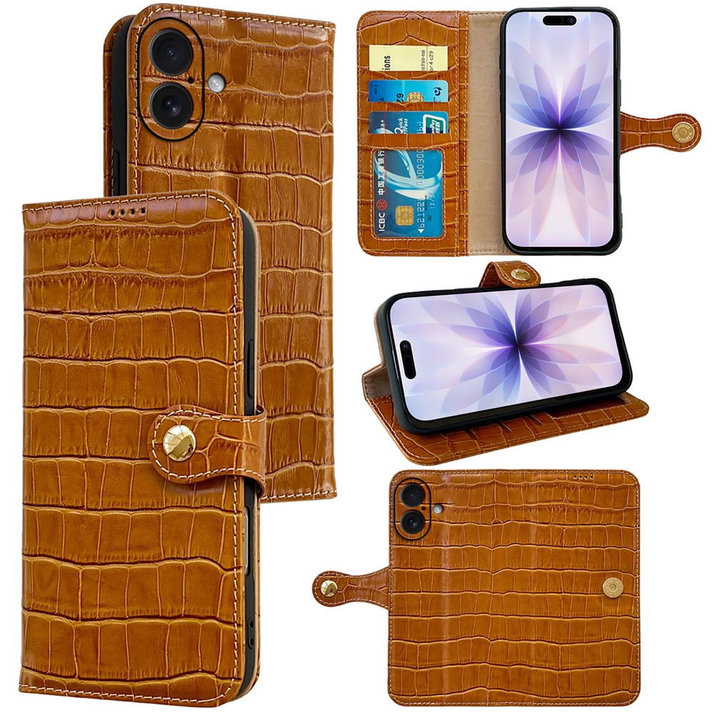For iPhone 17 Case Crocodile Texture Genuine Cow Leather Wallet Phone Cover - Brown