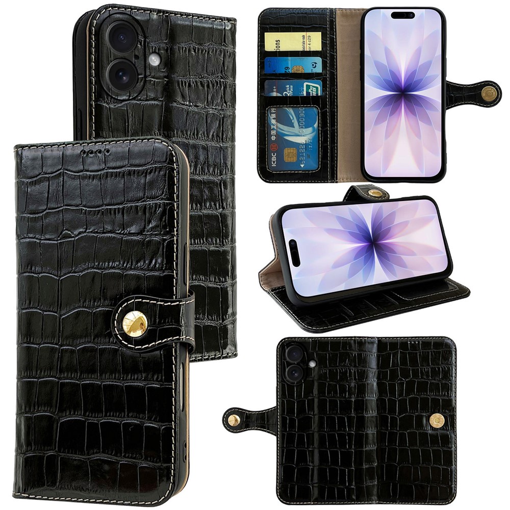 For iPhone 17 Case Crocodile Texture Genuine Cow Leather Wallet Phone Cover - Black