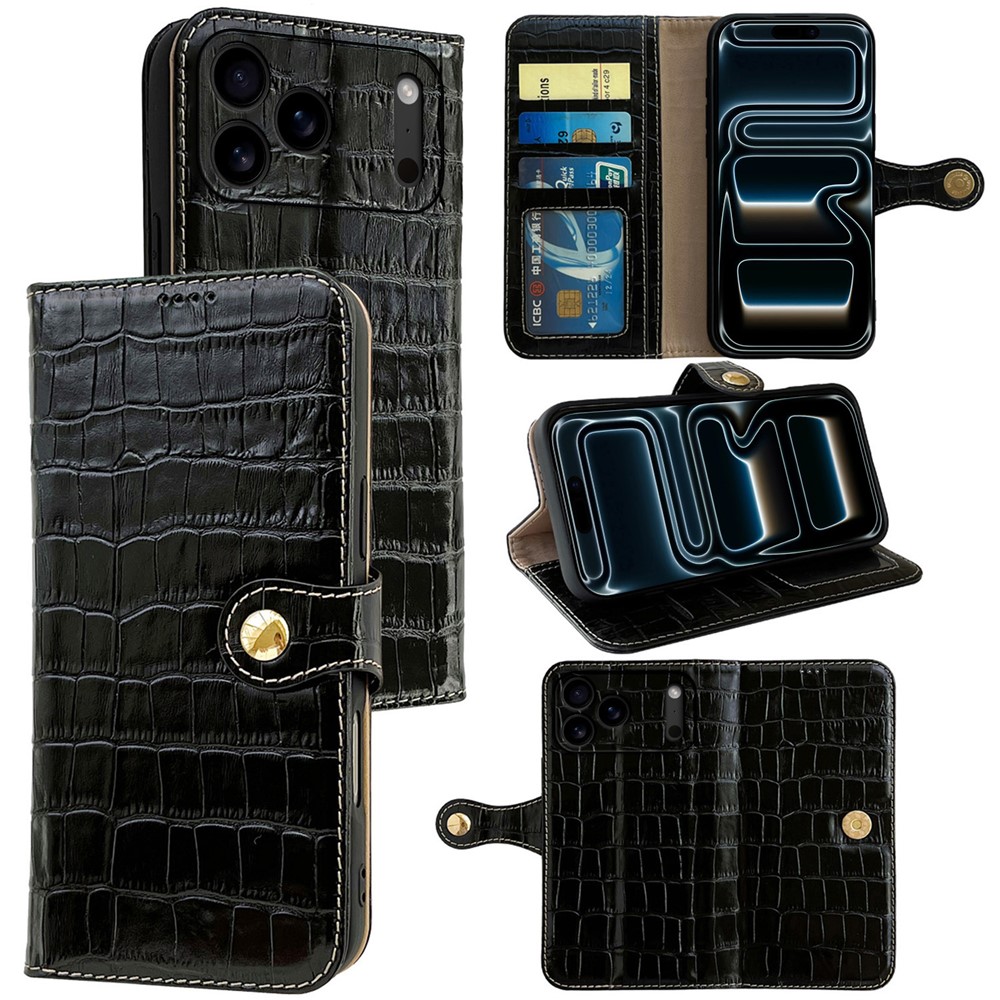 For iPhone 17 Pro Case Crocodile Texture Genuine Cow Leather Wallet Phone Cover - Black