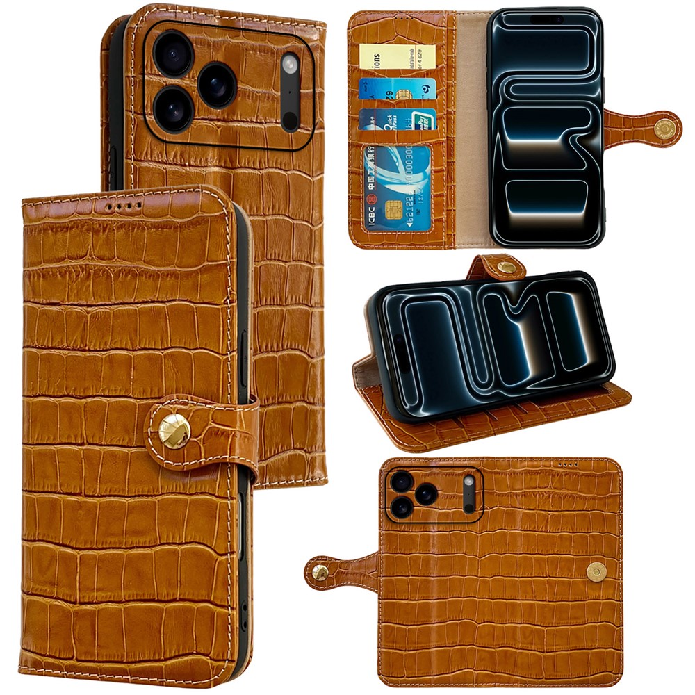 For iPhone 17 Pro Case Crocodile Texture Genuine Cow Leather Wallet Phone Cover - Brown