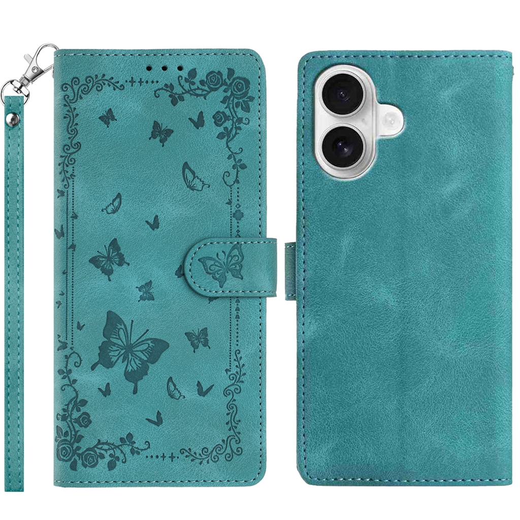 For iPhone 17 Case Garden Imprinted PU Leather Wallet Phone Cover with Wrist Strap - Green