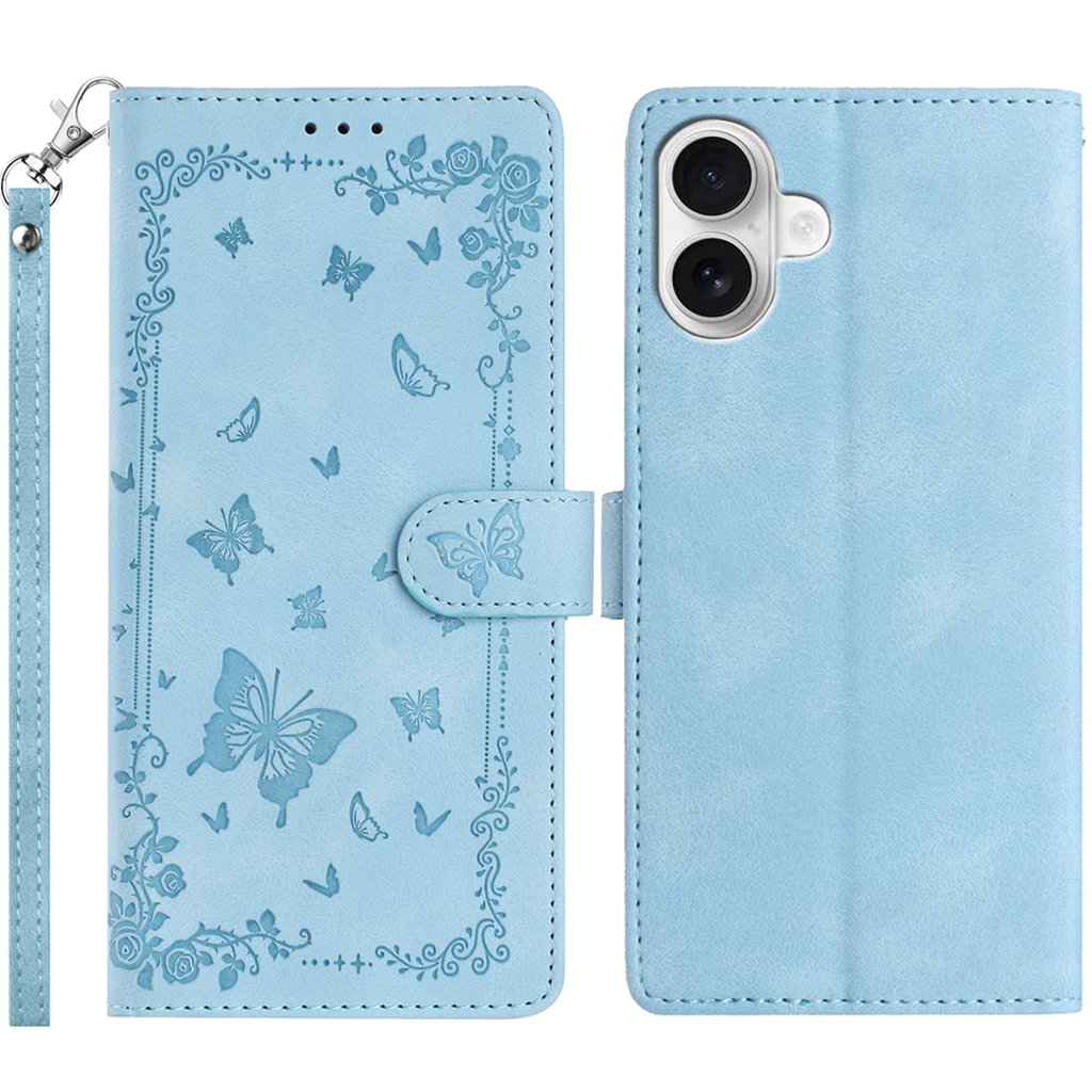For iPhone 17 Case Garden Imprinted PU Leather Wallet Phone Cover with Wrist Strap - Baby Blue
