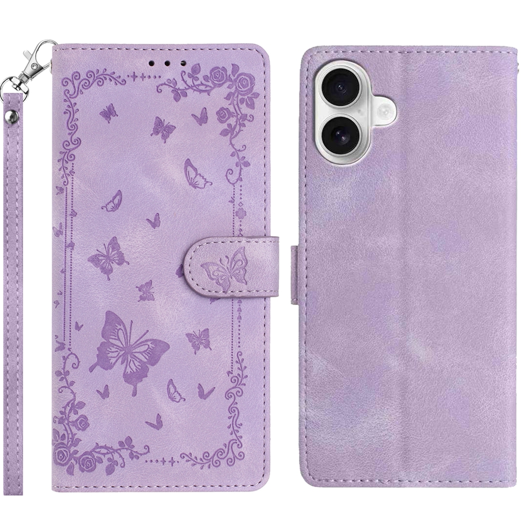 For iPhone 17 Case Garden Imprinted PU Leather Wallet Phone Cover with Wrist Strap - Purple