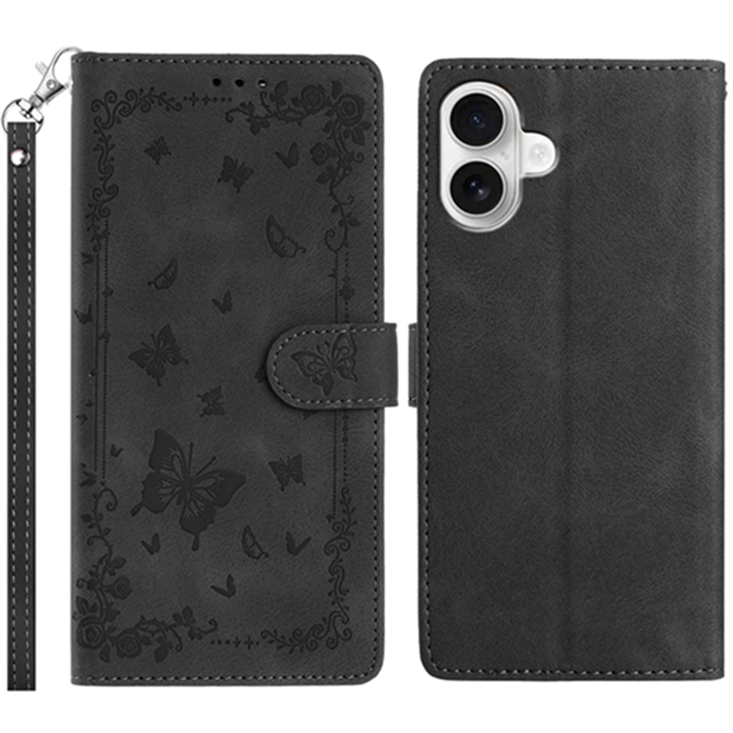 For iPhone 17 Case Garden Imprinted PU Leather Wallet Phone Cover with Wrist Strap - Black