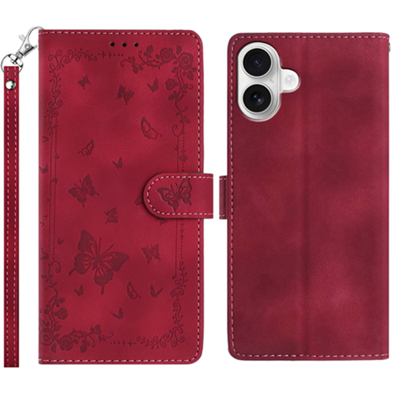 For iPhone 17 Case Garden Imprinted PU Leather Wallet Phone Cover with Wrist Strap - Dark Red