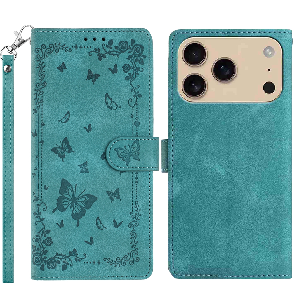 For iPhone 17 Pro Case Garden Imprinted PU Leather Wallet Phone Cover with Wrist Strap - Green