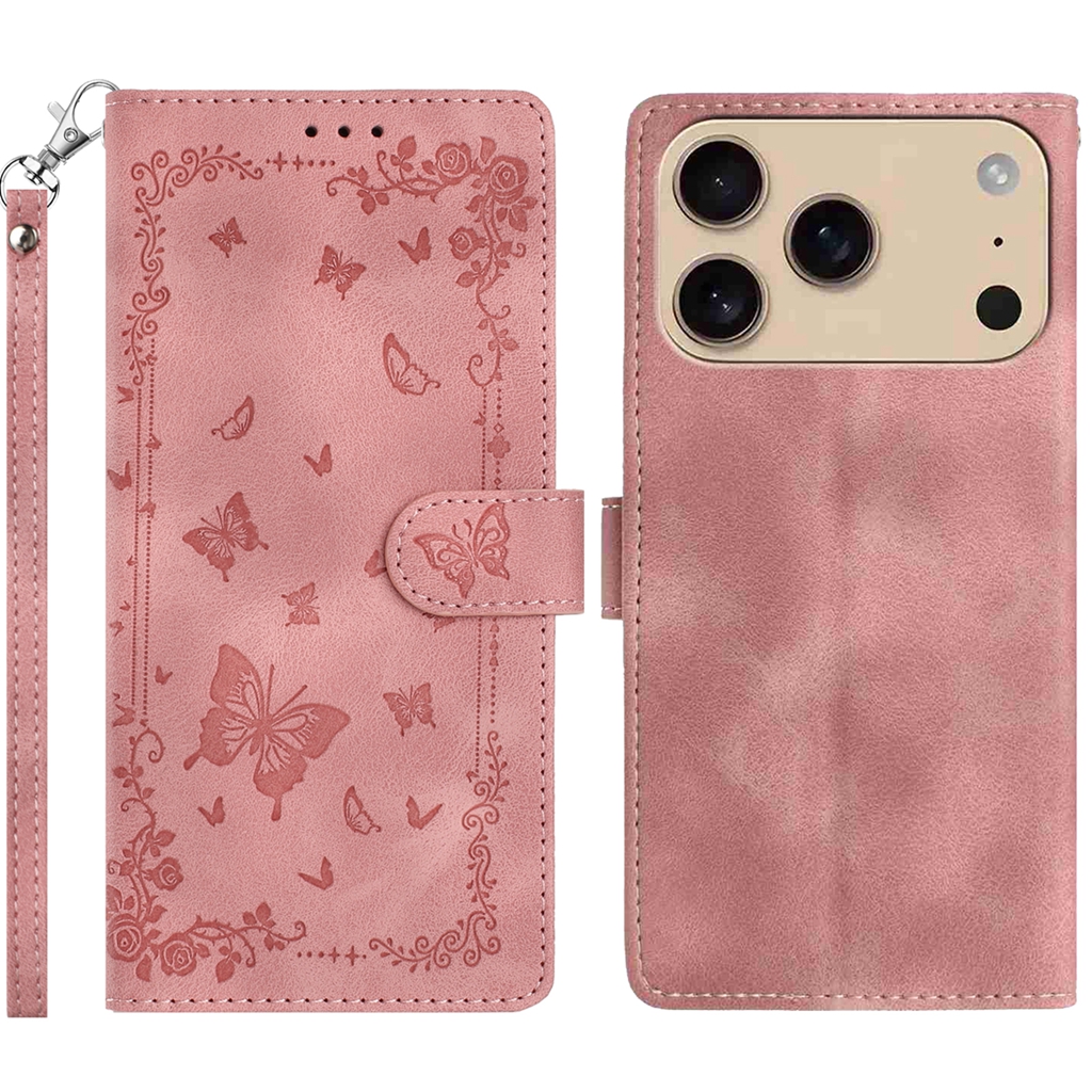 For iPhone 17 Pro Case Garden Imprinted PU Leather Wallet Phone Cover with Wrist Strap - Pink