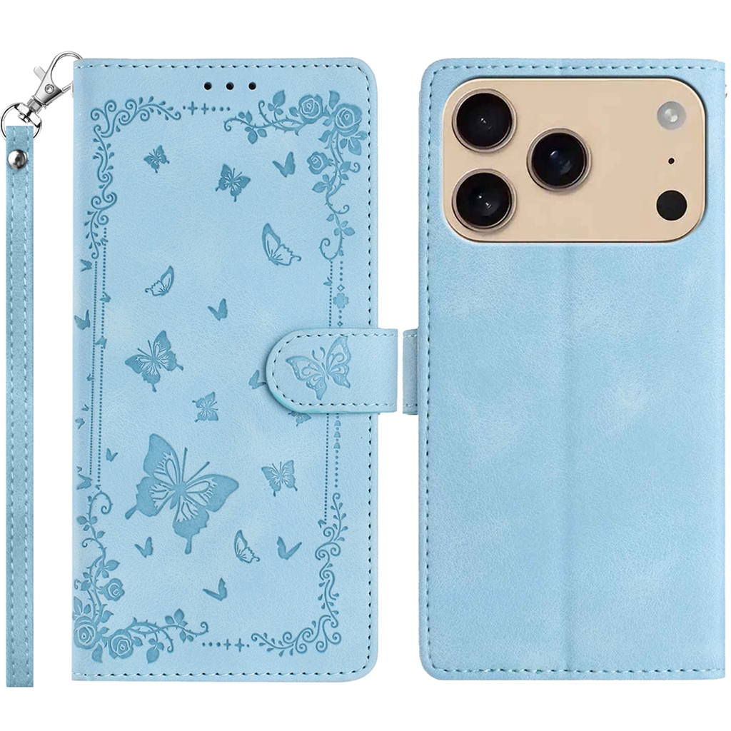 For iPhone 17 Pro Case Garden Imprinted PU Leather Wallet Phone Cover with Wrist Strap - Baby Blue