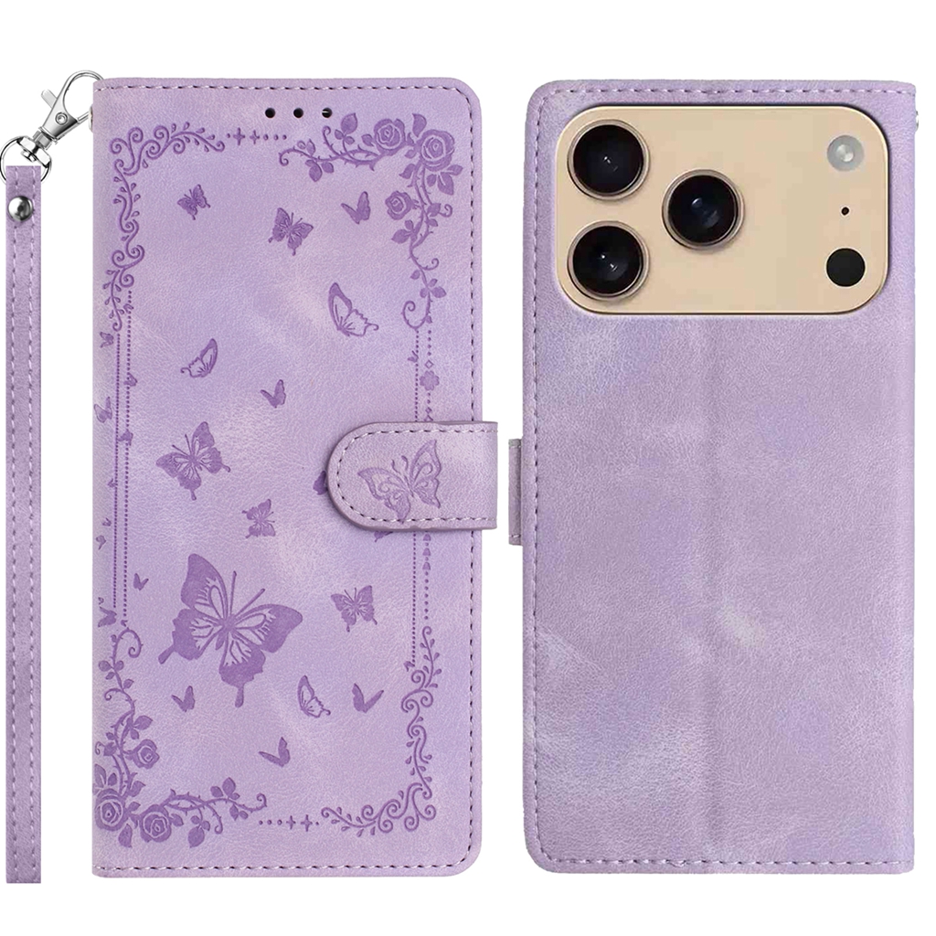 For iPhone 17 Pro Case Garden Imprinted PU Leather Wallet Phone Cover with Wrist Strap - Purple