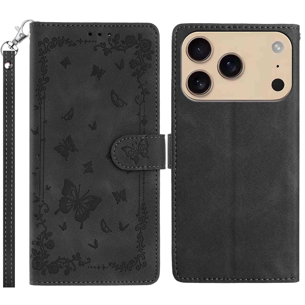 For iPhone 17 Pro Case Garden Imprinted PU Leather Wallet Phone Cover with Wrist Strap - Black
