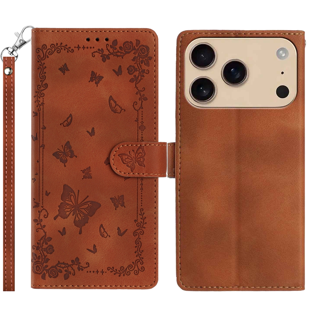 For iPhone 17 Pro Case Garden Imprinted PU Leather Wallet Phone Cover with Wrist Strap - Brown