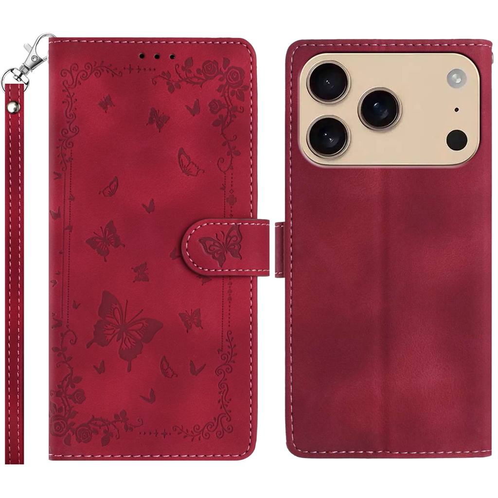 For iPhone 17 Pro Max Case Garden Imprinted PU Leather Wallet Phone Cover with Wrist Strap - Dark Red