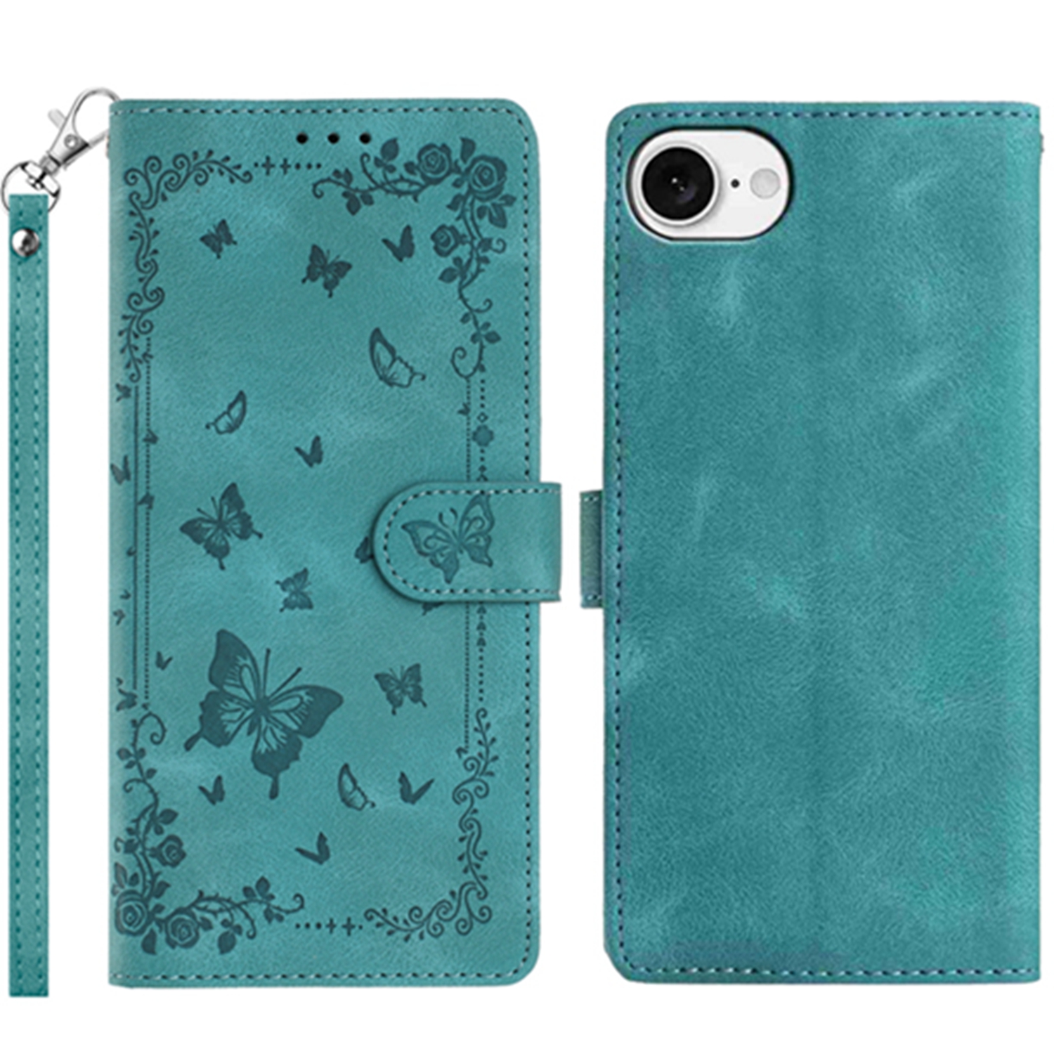 For iPhone 16e Case Garden Imprinted PU Leather Wallet Phone Cover with Wrist Strap - Green