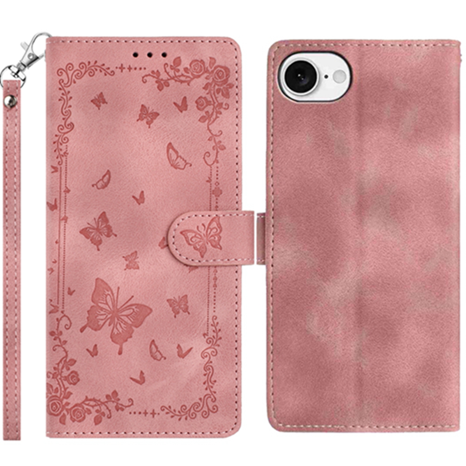 For iPhone 16e Case Garden Imprinted PU Leather Wallet Phone Cover with Wrist Strap - Pink