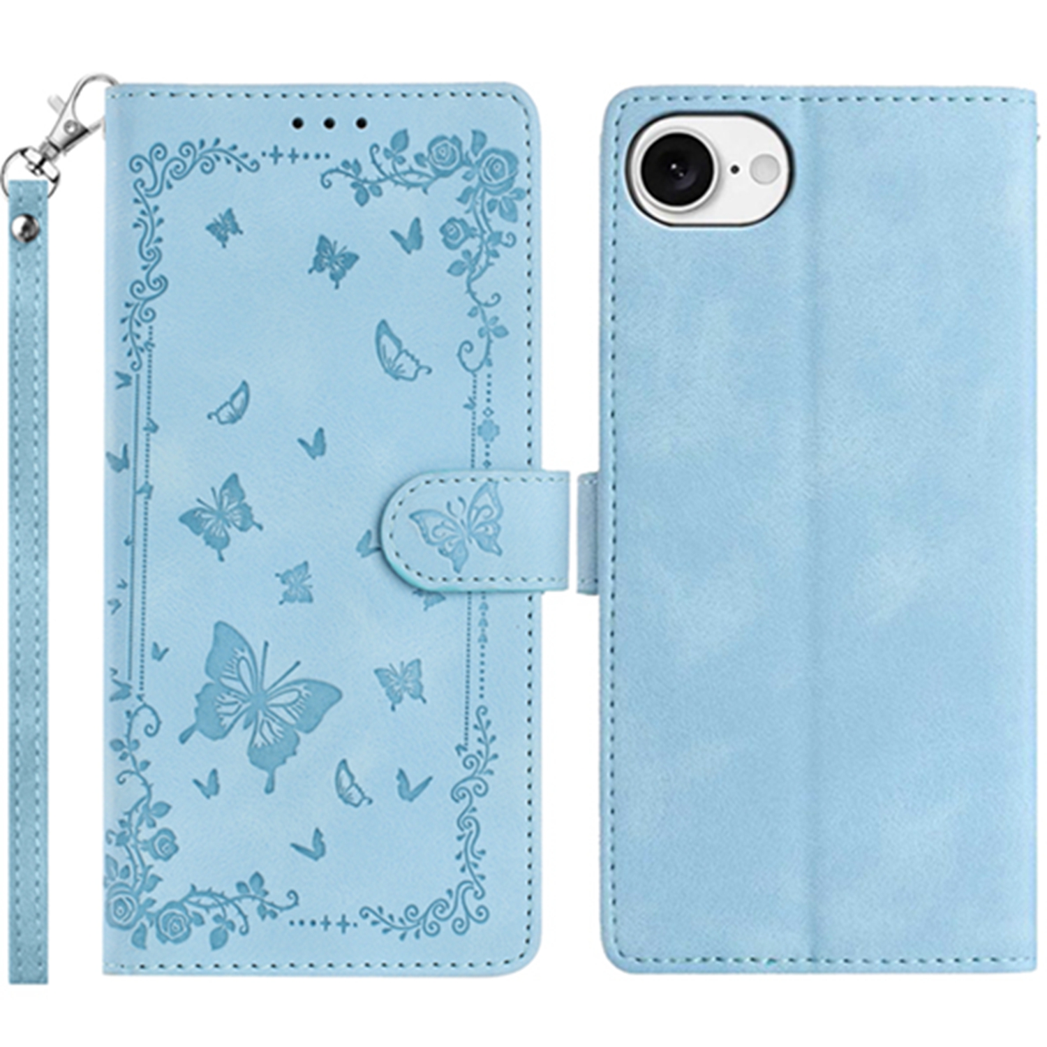 For iPhone 16e Case Garden Imprinted PU Leather Wallet Phone Cover with Wrist Strap - Baby Blue